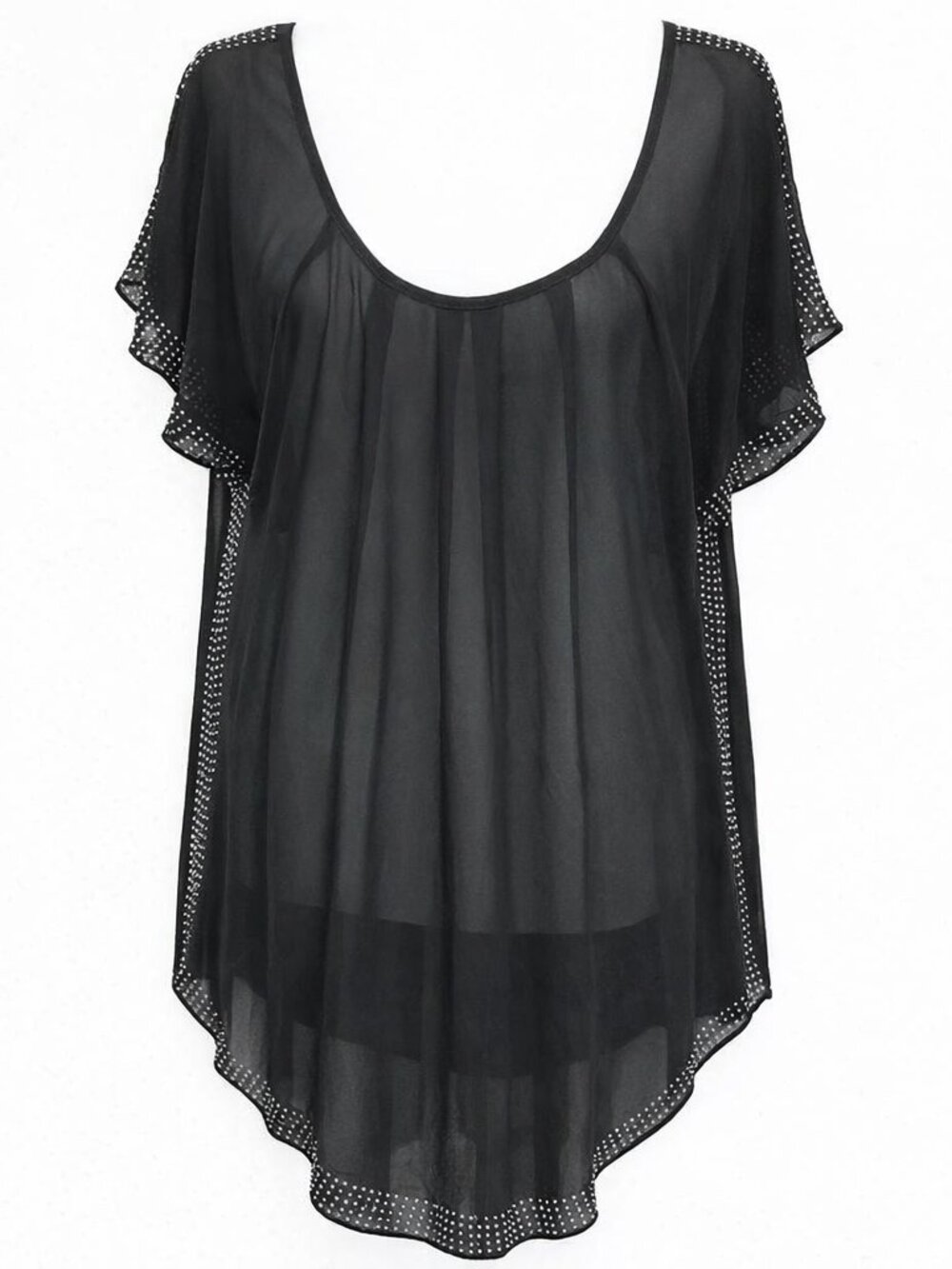 Black Sheer Rhinestone Tunic Top Sparkle Embellished Scoop Neck Evening Chic